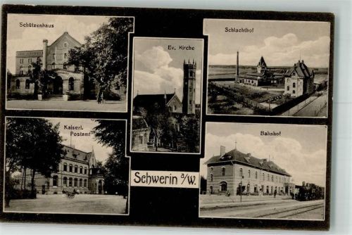 Schwerin a. Warthe Skwierzyna 1923 Foto AK Ev. Kirche Postamt Schützenhaus Bahnhof Schlachthof