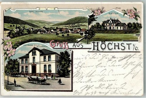 Höchst 1901 Gasthaus zur Eisenbahn Bahnhof Bahnpost Darmstadt-Eberbach Zug 721