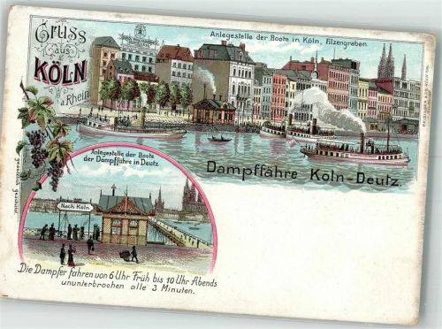 50667 W5000 Köln Deutz 105 Lithographie Dampffähre Köln-Deutz Anlegestelle Filzgraben