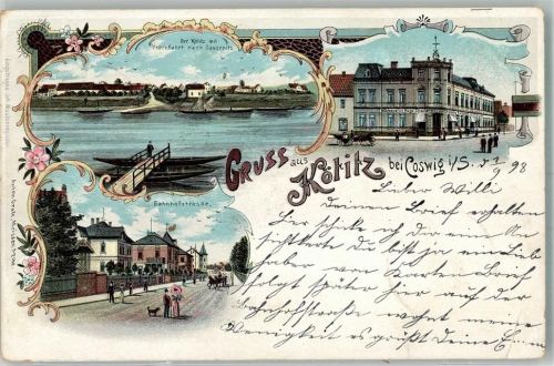 Coswig 1898 Lithographie Kötitz Bahnhofstraße Bäckerei Elbe Stauchung