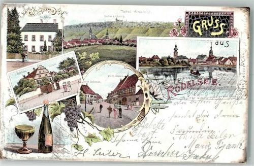 97348 W8711 Rödelsee 1900 Lithographie Schloss Schule Gasthaus zum Schwan Gasthaus zum Löwen Weinflasche