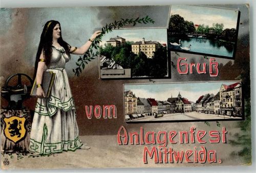 Mittweida 1911 Mittweidaer Anlagenfest Schwanenteich Marktplatz Stadtwappen Feststempel