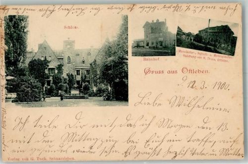 39393 O3231 Ottleben 1900 Gebrauchsspuren Schloss Bahnhof Manufakturhandlung Thiele