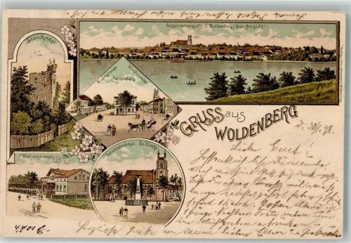 Woldenberg Dobiegniew 1898 Lithographie Ev. Kirche Kaiser- Denkmal Storchennest Pariserplatz