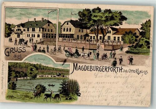 39291 O3271 Magdeburgerforth Lithographie Neues Gasthaus Eichberge Altes Gasthaus Bahnpost Burg