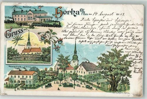 Horka 1903 Lithographie Warenhaus Prox Bahnhof Dorfplatz Erh. II-Stauchung