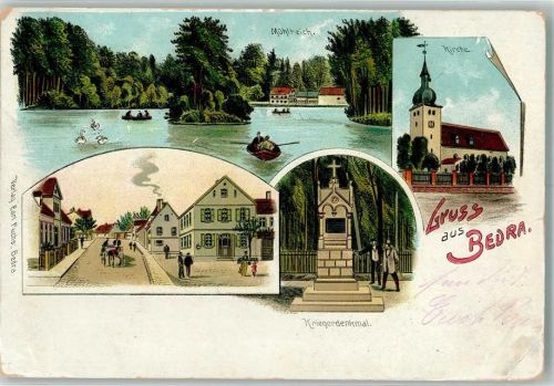 Braunsbedra 1904 Lithographie Bedra Mühlteich Gondeln Dorfstraße Kriegerdenkmal Stauchungen