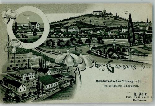 Gamburg Lithographie-Mondschein Bahnof Bimssteinfabrik Gamburg Stempel Volk Lith. Kunstanstalt Heilbronn