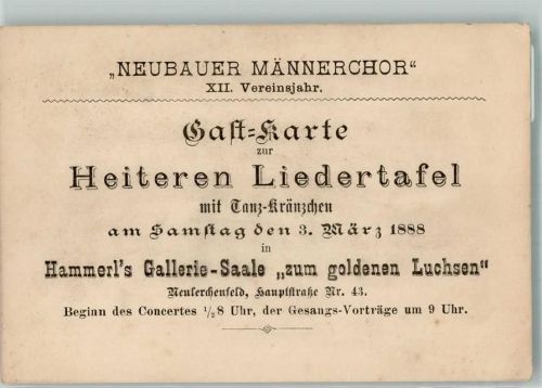 Wien GastkartenGasthaus Hammerl zum goldenen Luchsen Hauptstrasse 43 Neukerchenfeld Neubauer Männerchor