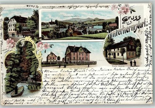 01855 O8361 Hinterhermsdorf 1902 Lithographie Kgl. Oberförsterei Bade-Anstalt Obere Schleuse Gasthaus zum Erbgericht
