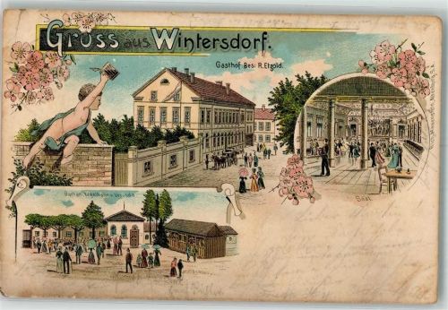 Wintersdorf 1901 Lithographie Putto Gasthaus Etzold Ballsaal Garten Kegelbahn