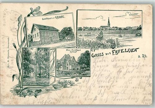 64560 W6086 Erfelden 1907 Gebrauchsspuren Lithographie Gasthaus zur Krone Neues Forsthaus Schweden Säule