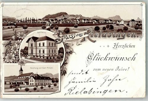 78239 W7703 Rielasingen 1897 Gebrauchsspuren Lithographie Rathaus Handlung Piristi Neujahreskarte
