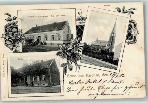 39288 O3271 Parchau 1906 - Schule Kirche Gasthaus zur Reichspost