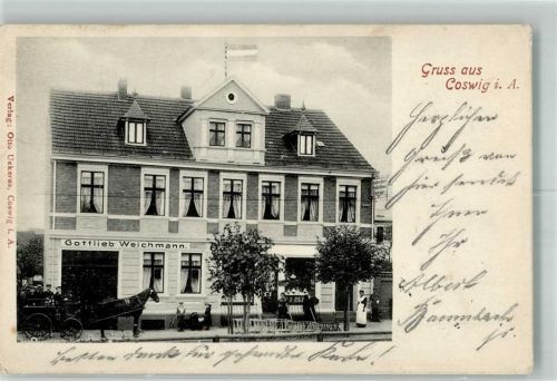 Coswig 1904 Geschäftshaus Gottlieb Weichmann Deutscher Reichs-Bazar Kutsche