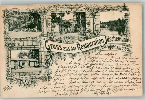 Wohlau 1896 Gasthaus Jüschemühle Vorläufer beschnitten Bahnpost Berlin-