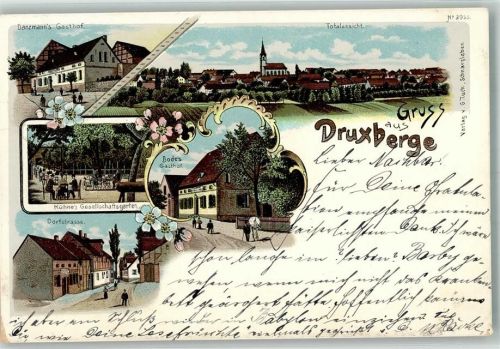 39365 O3221 Druxberge 1903 Lithographie Dorfstraße Gasthaus Bode Gesellschaftsgarten Kühne Gasthaus Danzmann
