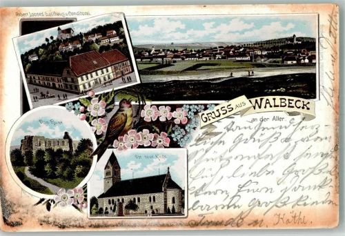 39356 O3241 Walbeck b Haldensleben 1903 Lithographie Neue Kirche Dom-Ruine Gasthaus Loose
