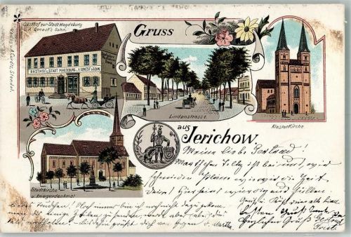 39319 O3283 Jerichow 1898 Lithographie Stadtwappen Gasthaus Stadt Magdeburg Stadtkirche Lindenstraße Klosterkirche