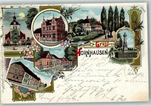 39387 O3236 Hornhausen 1902 Lithographie Kriegerdenkmal Oscherslebenerstraße Postamt Krugbrücke Schloß