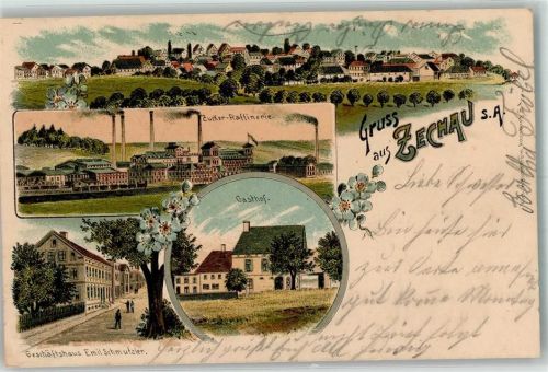 Zechau 1902 Lithographie Zucker-Raffinerie Gasthaus Geschäftshaus Schmutzler