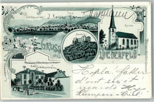 67433 W6730 Diedesfeld 1903 Lithographie Maxburg Gasthaus zum Weinberg Dorfkirche