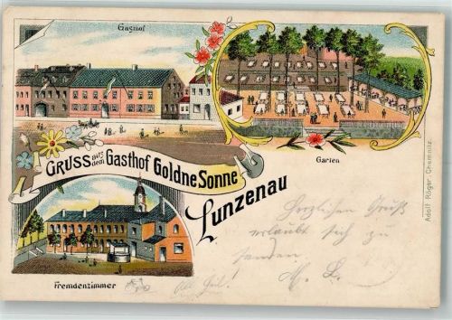 09328 O9293 Lunzenau 1901 Lithographie Gasthaus Goldene Sonne Gartenwirtschaft Bahnpost Glauchau-Grossbothen Zug 1472