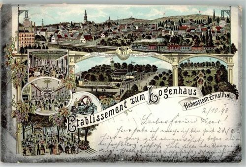 Hohenstein-Ernstthal 1898 Lithographie Etablissement zum Logenhaus Speisesaal Ballsaal Gartenwirtschaft