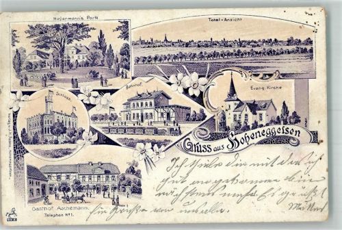 31185 W3201 Hoheneggelsen 1899 Gebrauchsspuren Lithographie Schloß Ev. Kirche Bahnhof Gasthaus Aschemann