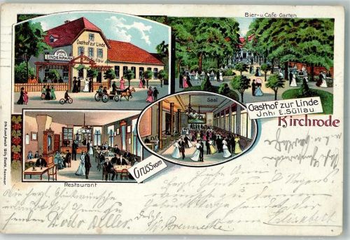 30159 W3000 Kirchrode 1908 Lithographie Gasthaus zur Linde Restaurant Ballsaal Garten
