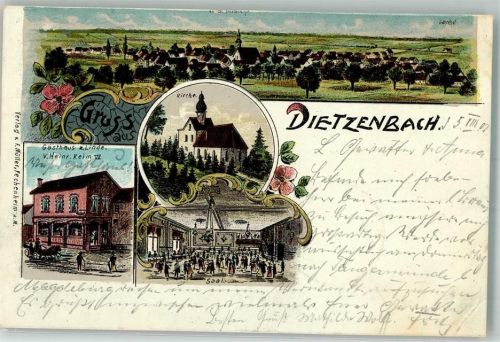 Dietzenbach 1907 Lithographie Gasthaus zur Linde Saal Dorfkirche
