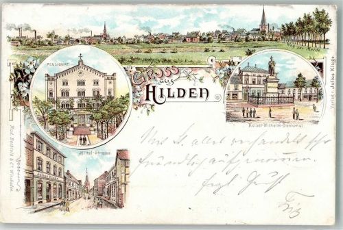 Hilden 1898 Mittelstraße Pensionat Kaiser Wilhelm-Denkmal Bahnpost Düsseldorf Zug 540