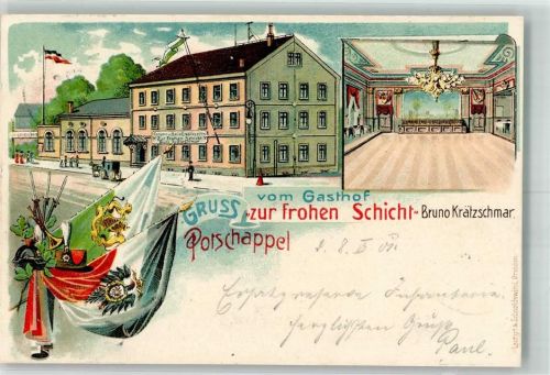 01705 O8210 Potschappel 1901 Lithographie Gasthaus zur frohen Schicht Saal Fahnen Bahnpost Dresden-Tharandt