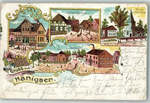 Hänigsen 1902 Lithographie Gasthaus Oberheide Post Haus Kabermann Pfarrhaus