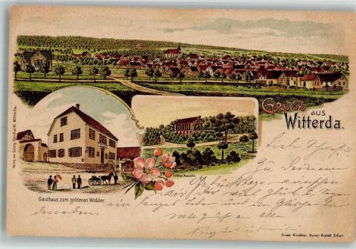 99189 O5101 Witterda 1907 Lithographie Schöne Aussicht Gasthaus zum goldenen Widder
