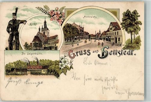 06333 O4270 Hettstedt , Sachs-Anh 1899 Lithographie Bergmann Marktplatz Saigerhütte