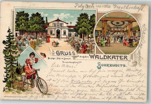 Schkeuditz 1900 Fahradfahrerin Gasthaus Waldkater Garten Saal Bahnpost Magdeburg-