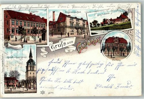 39359 O3242 Calvörde 1900 Lithographie Gasthaus Ratskeller Pfarrhaus Burg Calvörde Bürgermeisteramt