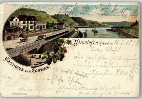 56333 W5406 Winningen , Mosel 1899 Lithographie Gasthaus zum Schwan Mosel Bahnpost Metz- Koblenz Zug 402