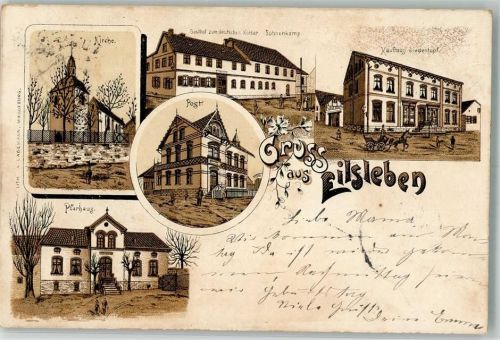 39365 O3220 Eilsleben 1898 Lithographie Herz Jesu-Kirche Post Pfarrhaus Gasthaus zum deutschen Kaiser Kaufhaus Siedentopf