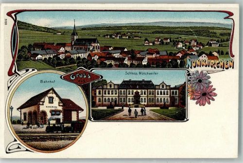 66687 W6648 Nunkirchen Lithographie Bahnhof Schloß Münchweiler
