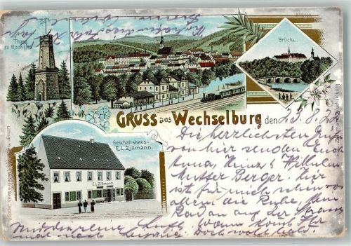 Wechselburg 1922 Rochlitz-Turm Bahnof Geschäftshaus Zillmann Bahnpost Glauchau Zug 3609