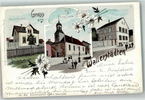 64521 W6080 Wallerstädten 1905 Lithographie Kindergarten Ev. Kirche Pfarrhaus