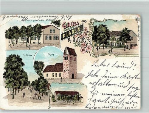 39619 O3552 Kläden b Arendsee, Altmark 1901 Gebrauchsspuren Lithographie Dorfstraße Gasthaus zur guten Quelle Dorfkirche
