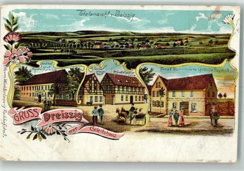 Dreißig 1905 Lithographie Gasthaus-Brauerei Dreissig Gasthaus Goldener Löwe Gasthaus Grauer Wolf