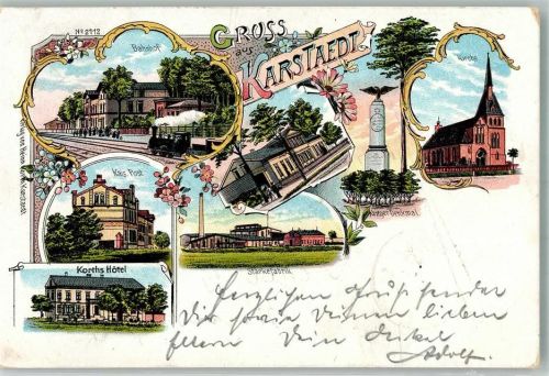 Karstädt 1908 Stärkefabrik Hotel Korth Kais. Post Bahnhof Bahnpost Berlin-Hamburg Zug 203