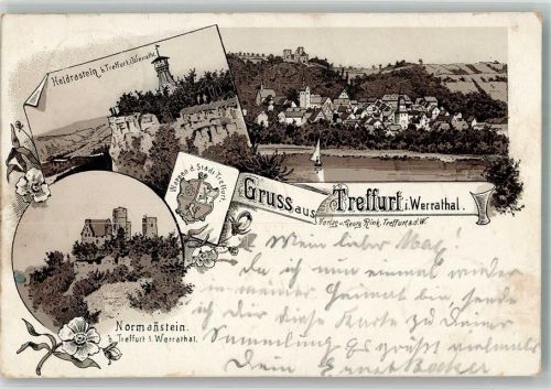 99830 O5908 Treffurt 1898 Lithographie Vorläufer Druck um 1890 Stadtwappen Burg Normannstein Heldrastein Aussichtsturm