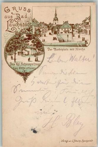 06246 O4204 Bad Lauchstädt 1897 Lithographie Vorläufer Druck um 1890 Kgl. Schauspielhaus Marktplatz Dorfkirche