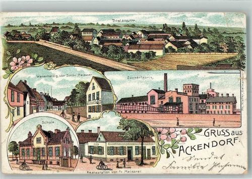 Ackendorf 1907 Lithographie Gasthaus Meissner Zuckerfabrik Schule Warenhandlung Meissner