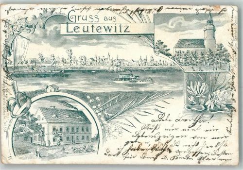 01587 O8401 Leutewitz b Riesa 1900 Gebrauchsspuren Lithographie Dorfkirche Gasthaus